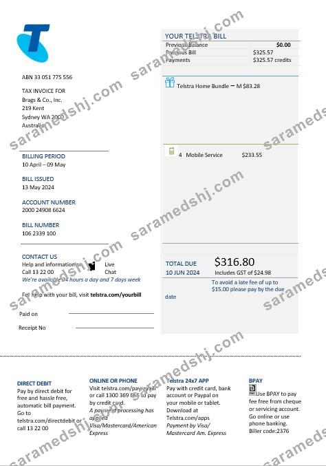 Australia Telstra telecommunications business utility bill template in Word and PDF format